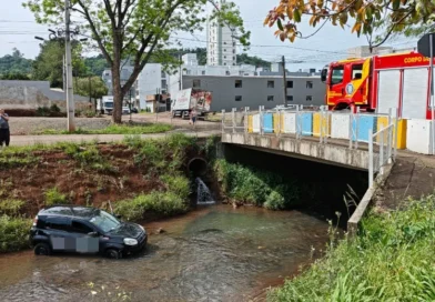 Após colisão, veículo de aplicativo vai parar dentro do Rio Lonqueador